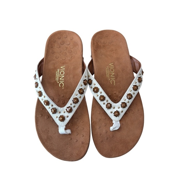 Vionic Orthaheel Floriana Thong Sandals Size 9 WIDE White Leather Embellished - Picture 6 of 16